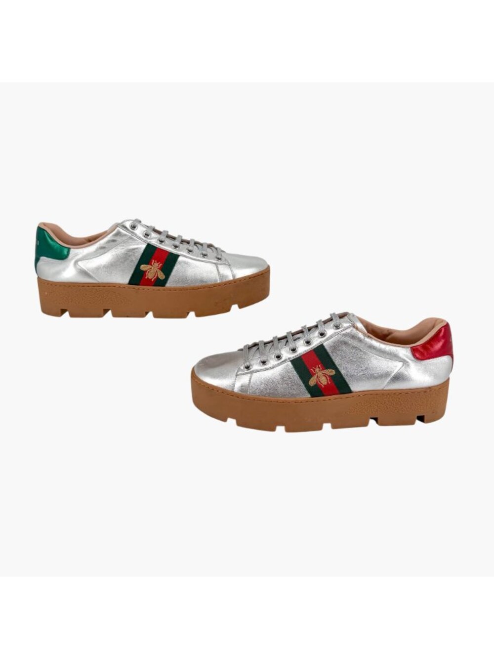 Gucci Ace Bee Silver Leather Platform Low Top Sneakers Shoes Size 41 US 11 Women - Picture 7 of 15